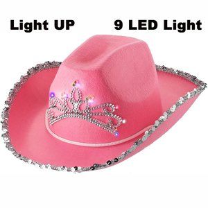 Light Up Adult Pink Cowboy Hat With Tiara Pink Cowgirl Hat with Crown-NEW